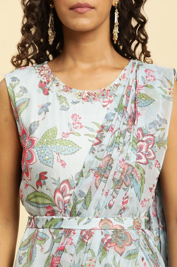 Blue Floral Printed Rayon Wide-Leg Jumpsuit