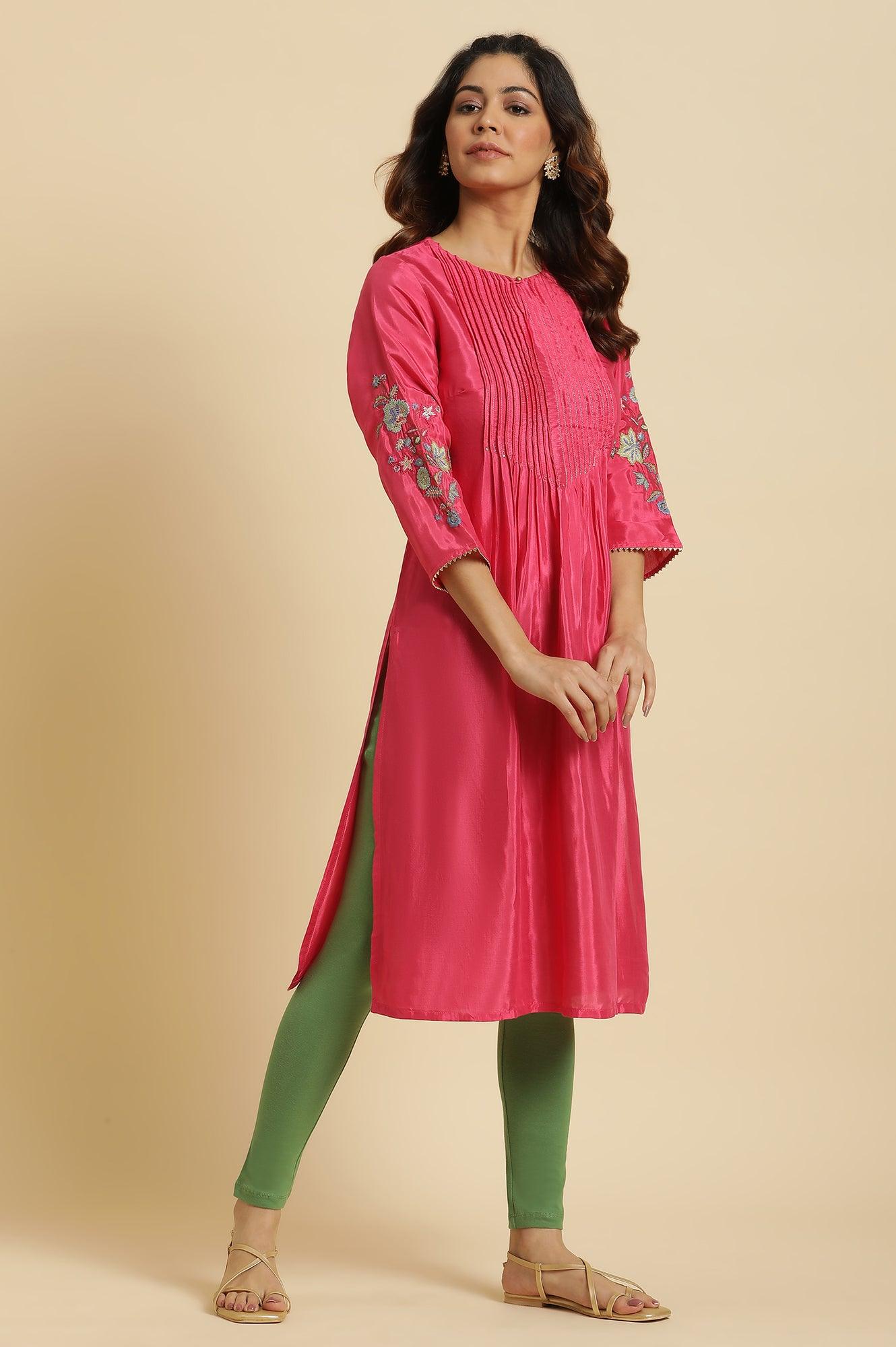 Pink Floral Embroidered Festive Kurta - wforwoman