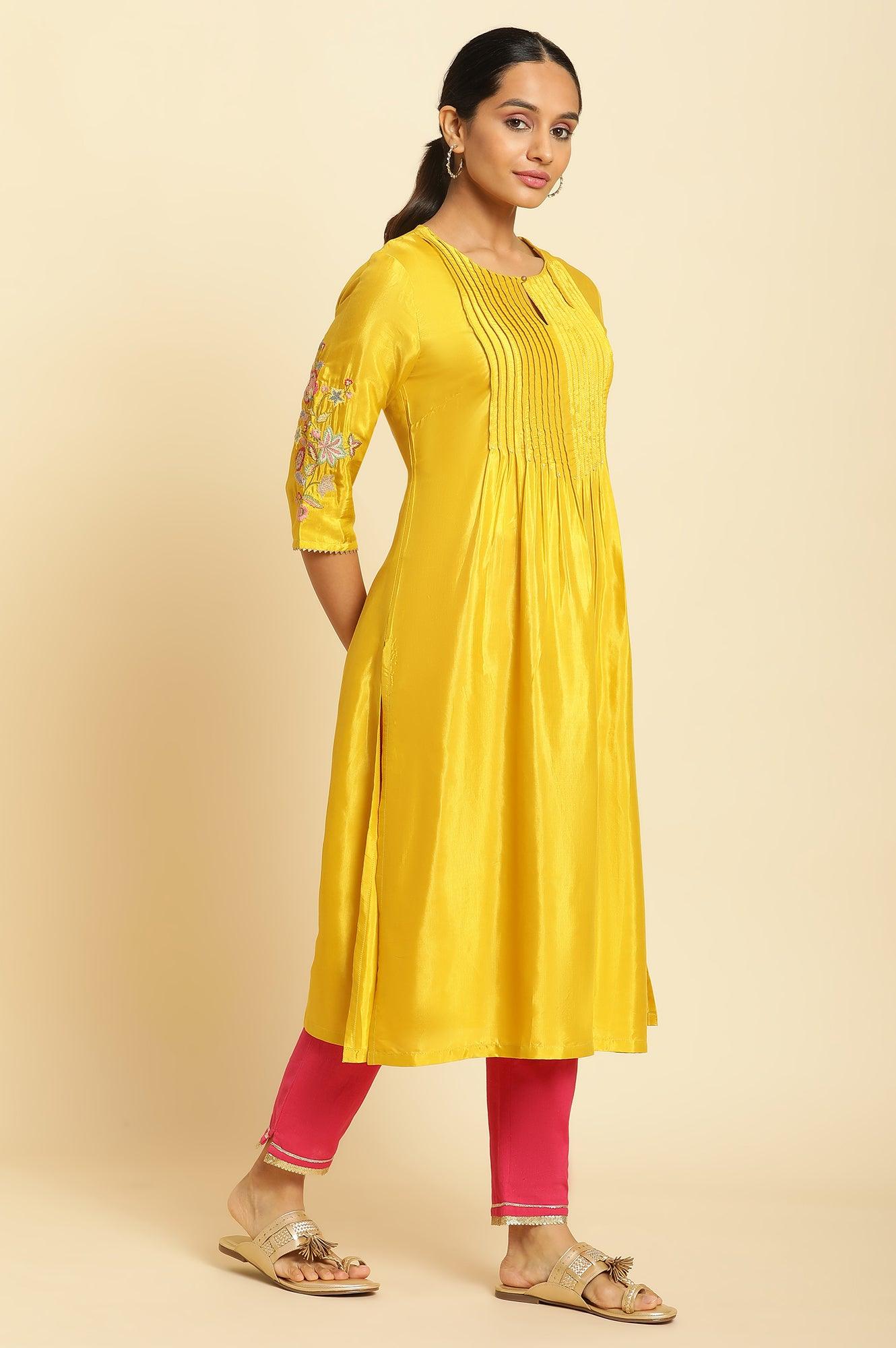Marigold Yellow Embroidered Kurta - wforwoman