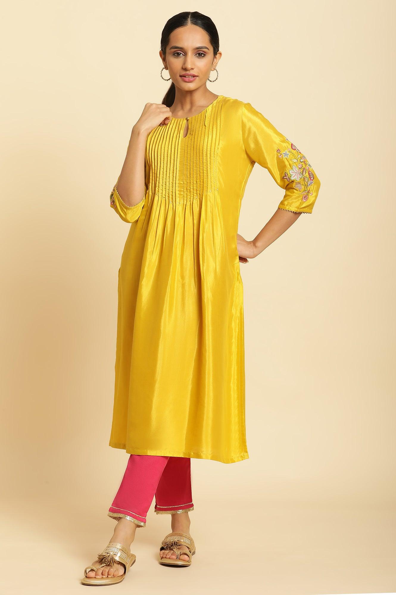 Marigold Yellow Embroidered Kurta - wforwoman