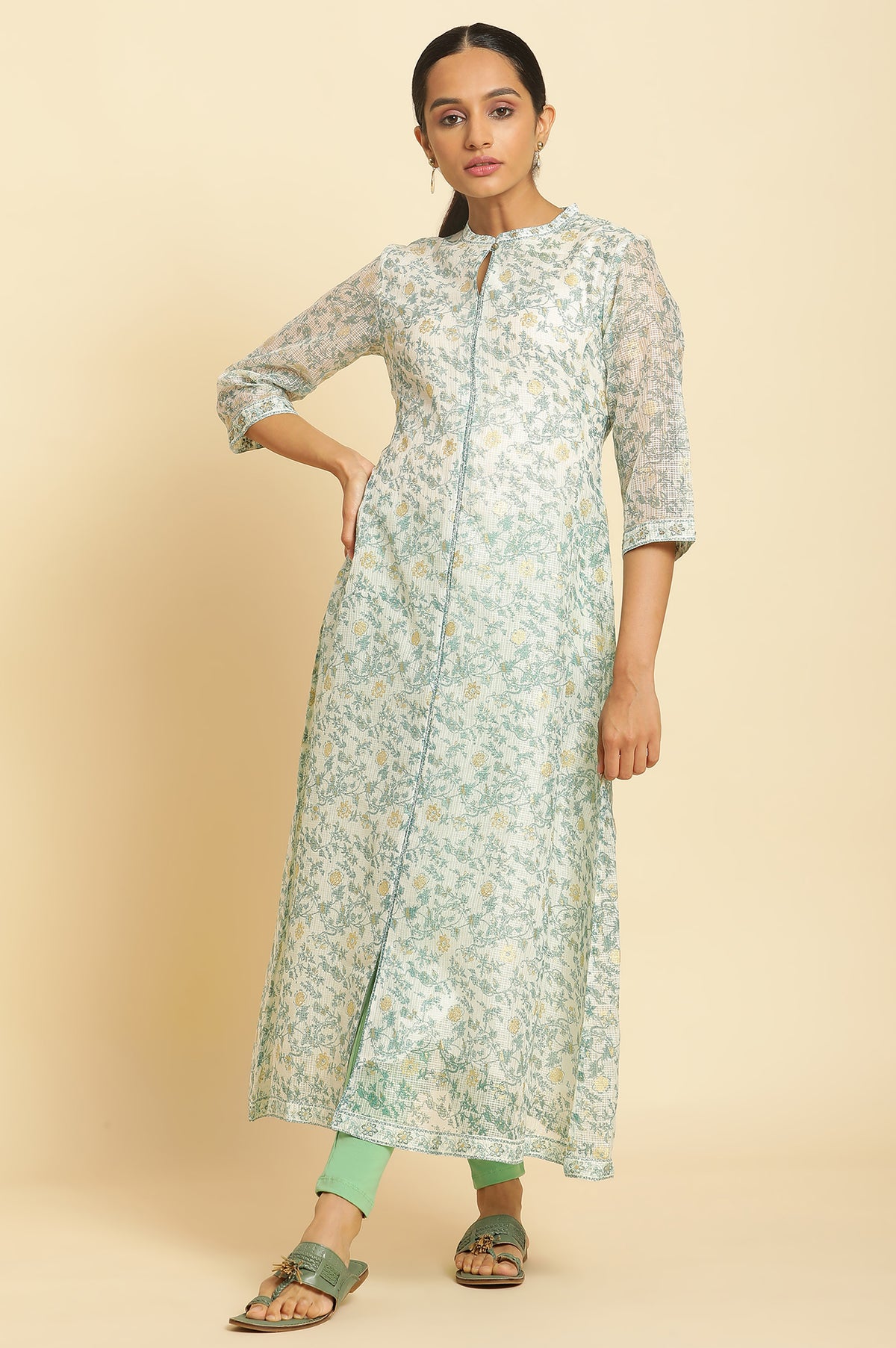Ecru Kota Kurta with Green Floral Print - XS