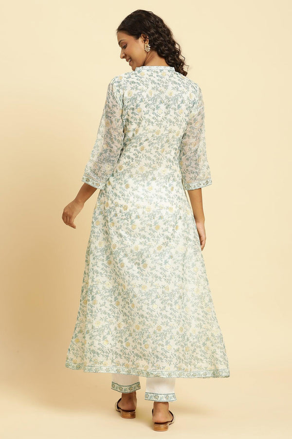 Ecru Kota Kurta With Green Floral Print