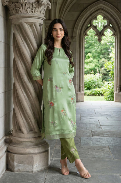 Green Embroidered Shantung Straight Festive Kurta