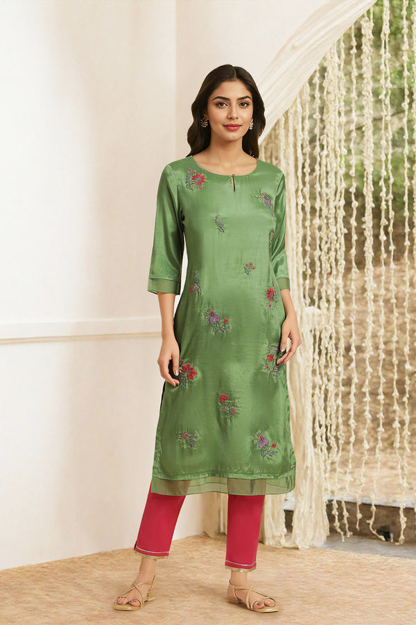 Green Embroidered Shantung Straight Festive Kurta