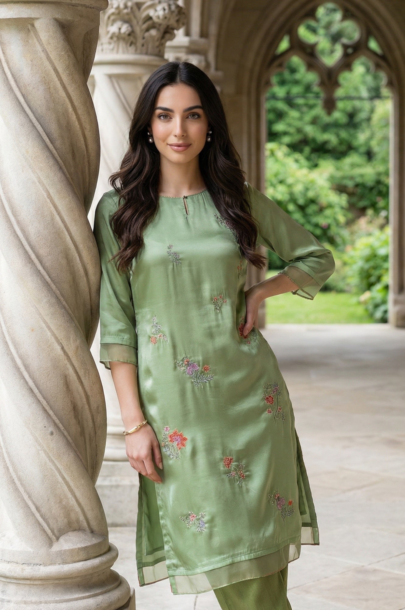 Green Embroidered Shantung Straight Festive Kurta