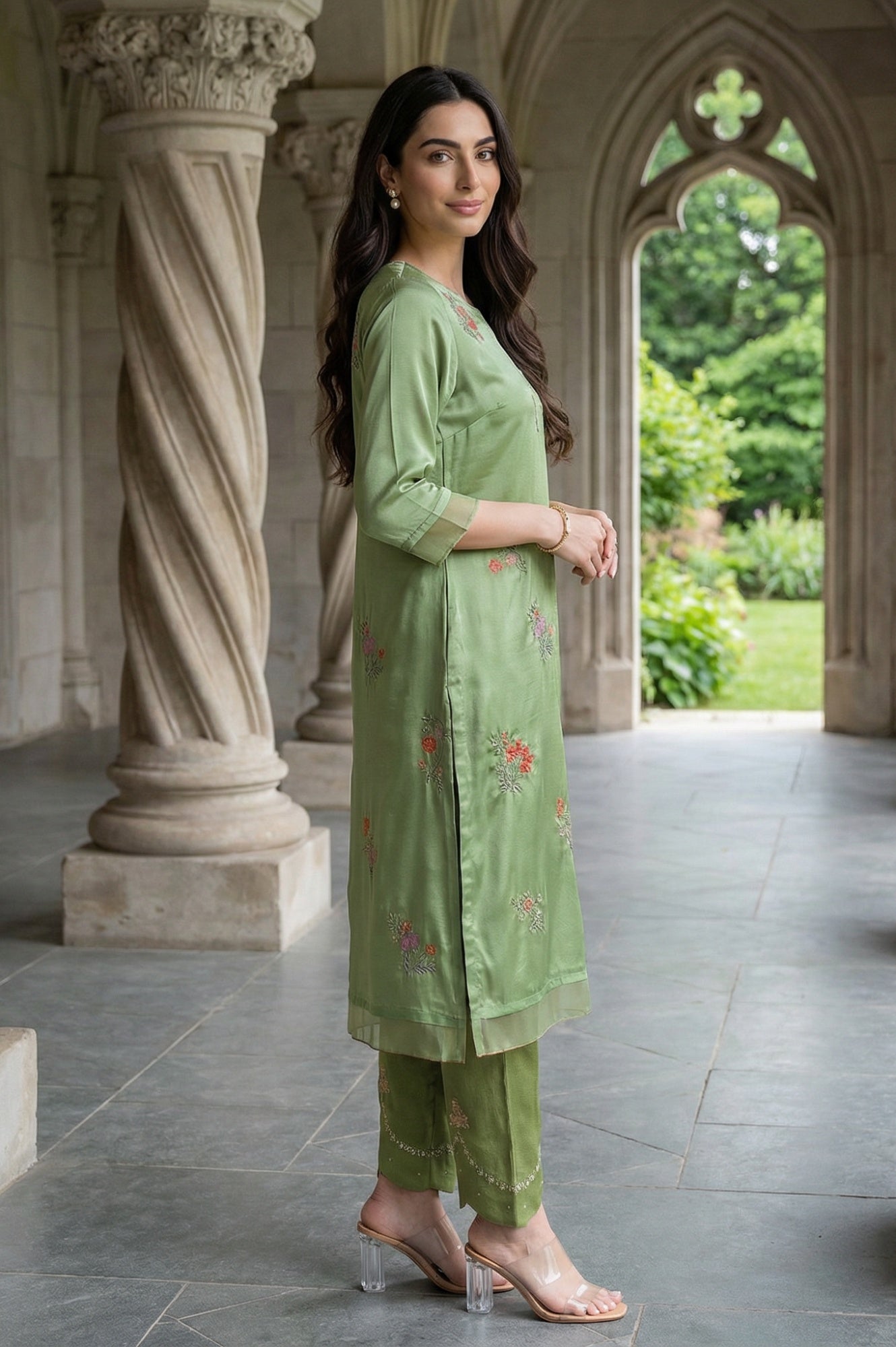 Green Embroidered Shantung Straight Festive Kurta