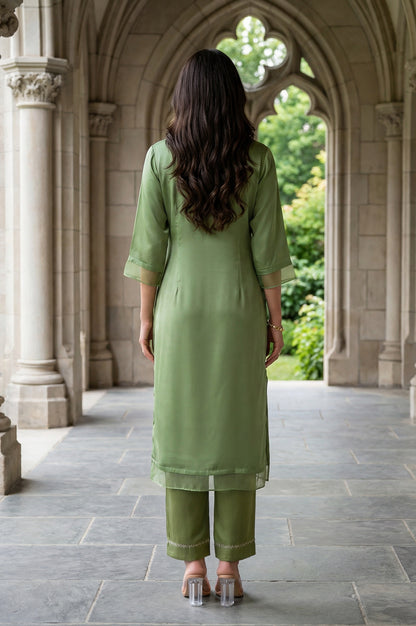 Green Embroidered Shantung Straight Festive Kurta