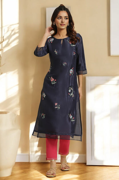 Navy Blue Chintz Motifs Embroidered Shantung Kurta
