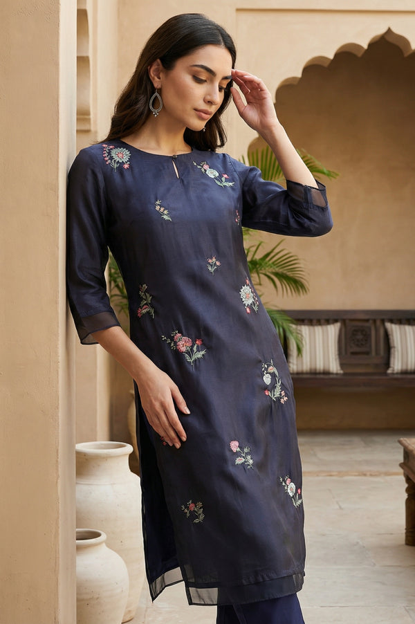 Navy Blue Chintz Motifs Embroidered Shantung Kurta