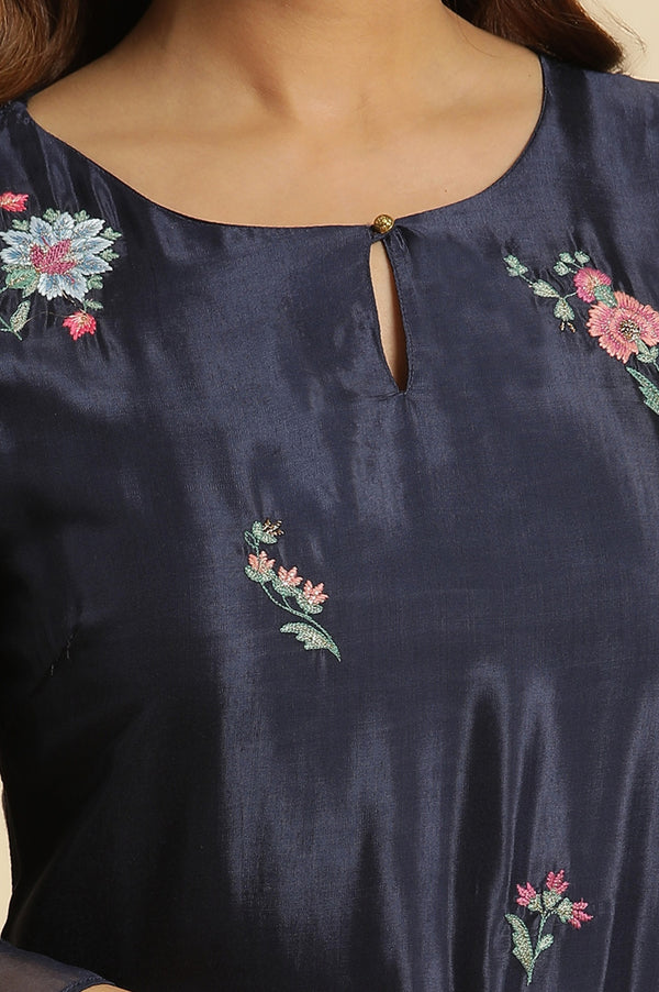 Navy Blue Chintz Motifs Embroidered Shantung Kurta