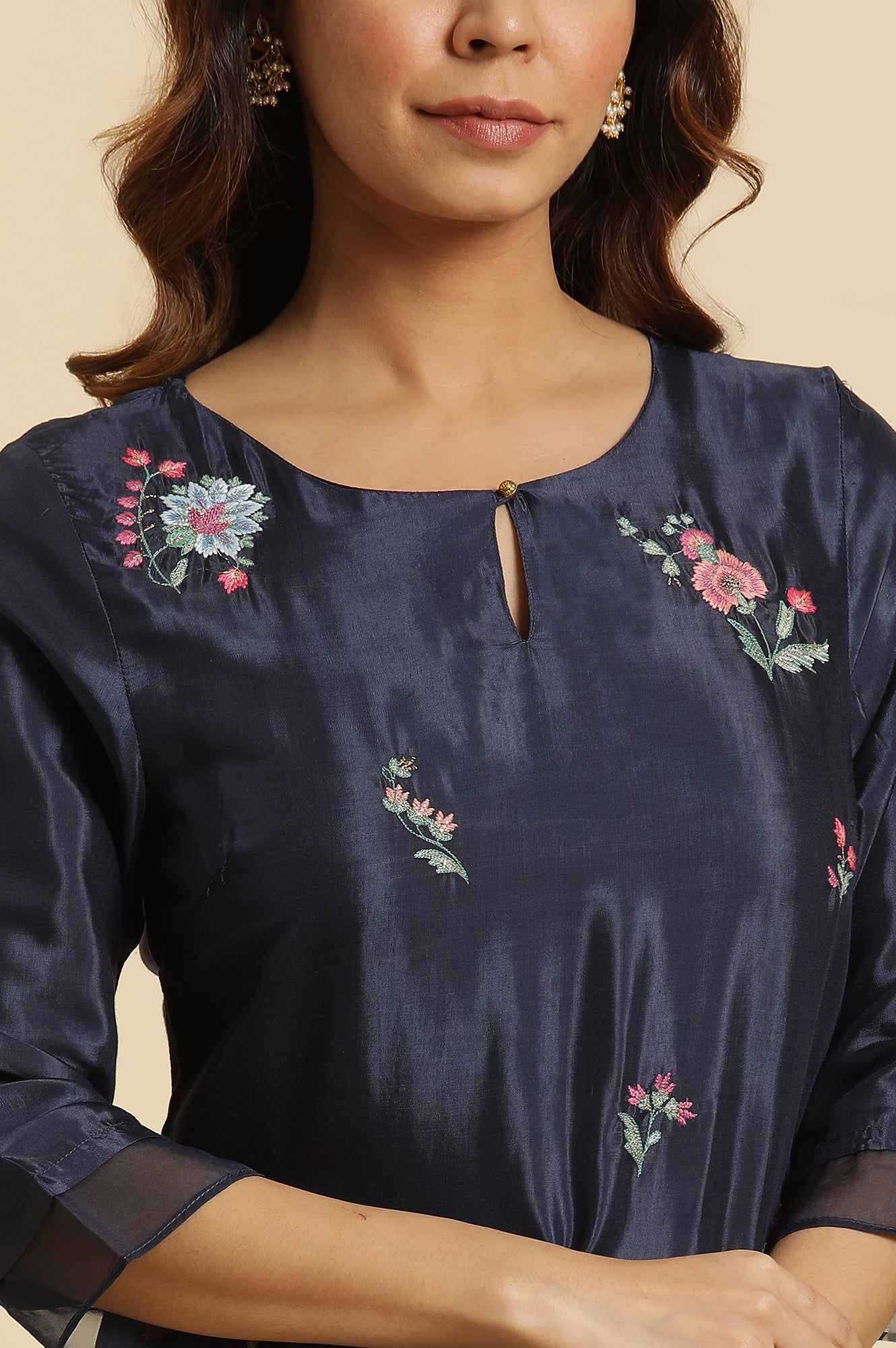 Navy Blue Thread Work Straight Kurta and Parallel Pant Set