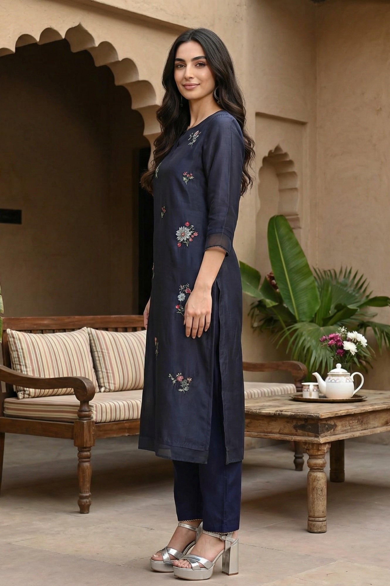 Buy Navy Blue Chintz Motifs Embroidered Shantung Kurta Online for