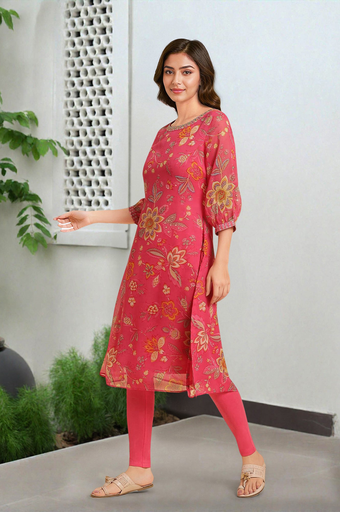 Pink Chiffon Printed Kurta with Multi-coloured Floral Embroidery