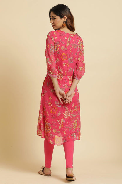 Pink Chiffon Printed Kurta With Multi-Coloured Floral Embroidery - wforwoman