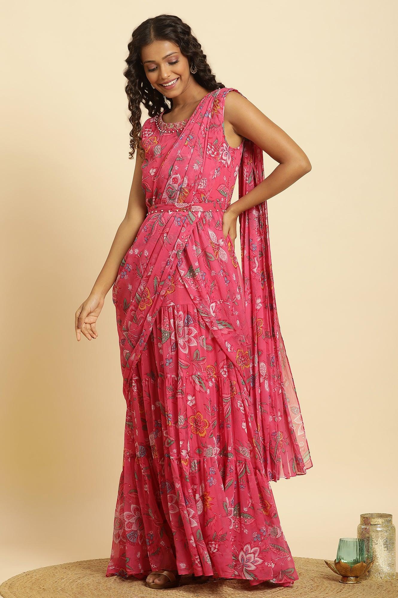 Pink Floral Printed Pre-Stitch Sharara Saree - wforwoman