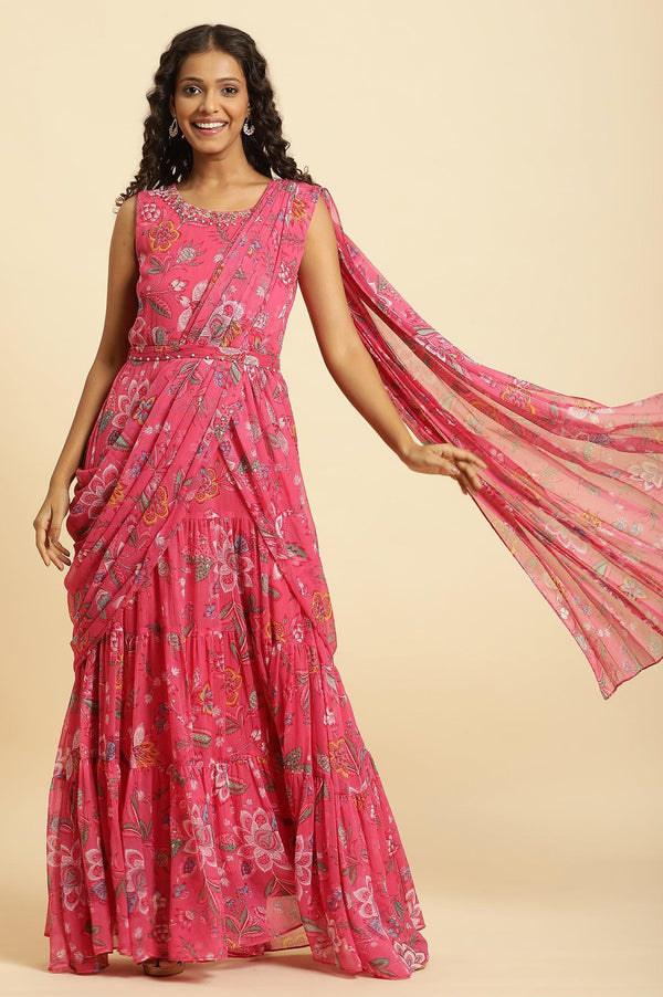 Pink Floral Printed Pre-Stitch Sharara Saree
