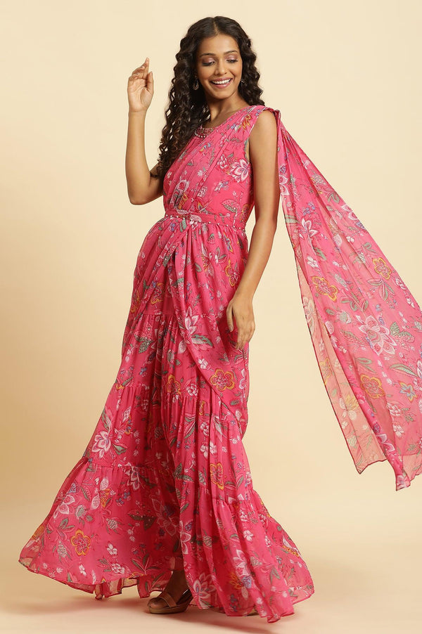 Pink Floral Printed Pre-Stitch Sharara Saree