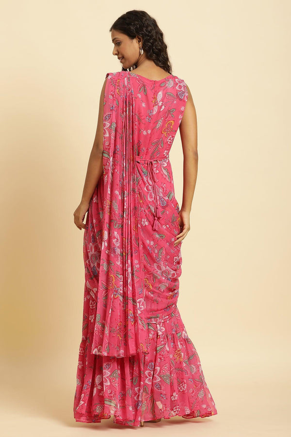 Pink Floral Printed Pre-Stitch Sharara Saree