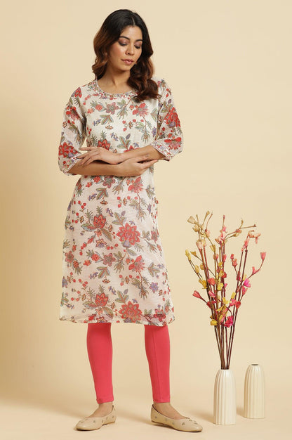 Ecru Kota Kurta With Multi-Coloured Floral Print - wforwoman