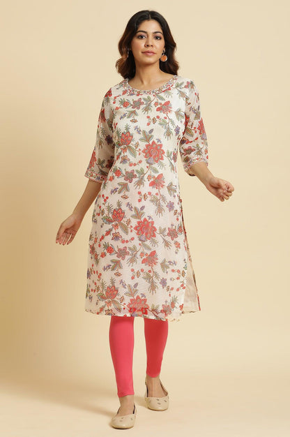 Ecru Kota Kurta With Multi-Coloured Floral Print - wforwoman