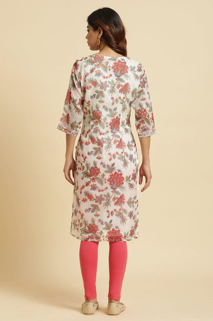 Ecru Kota Kurta With Multi-Coloured Floral Print - wforwoman