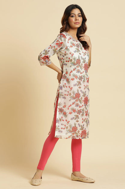 Ecru Kota Kurta With Multi-Coloured Floral Print - wforwoman