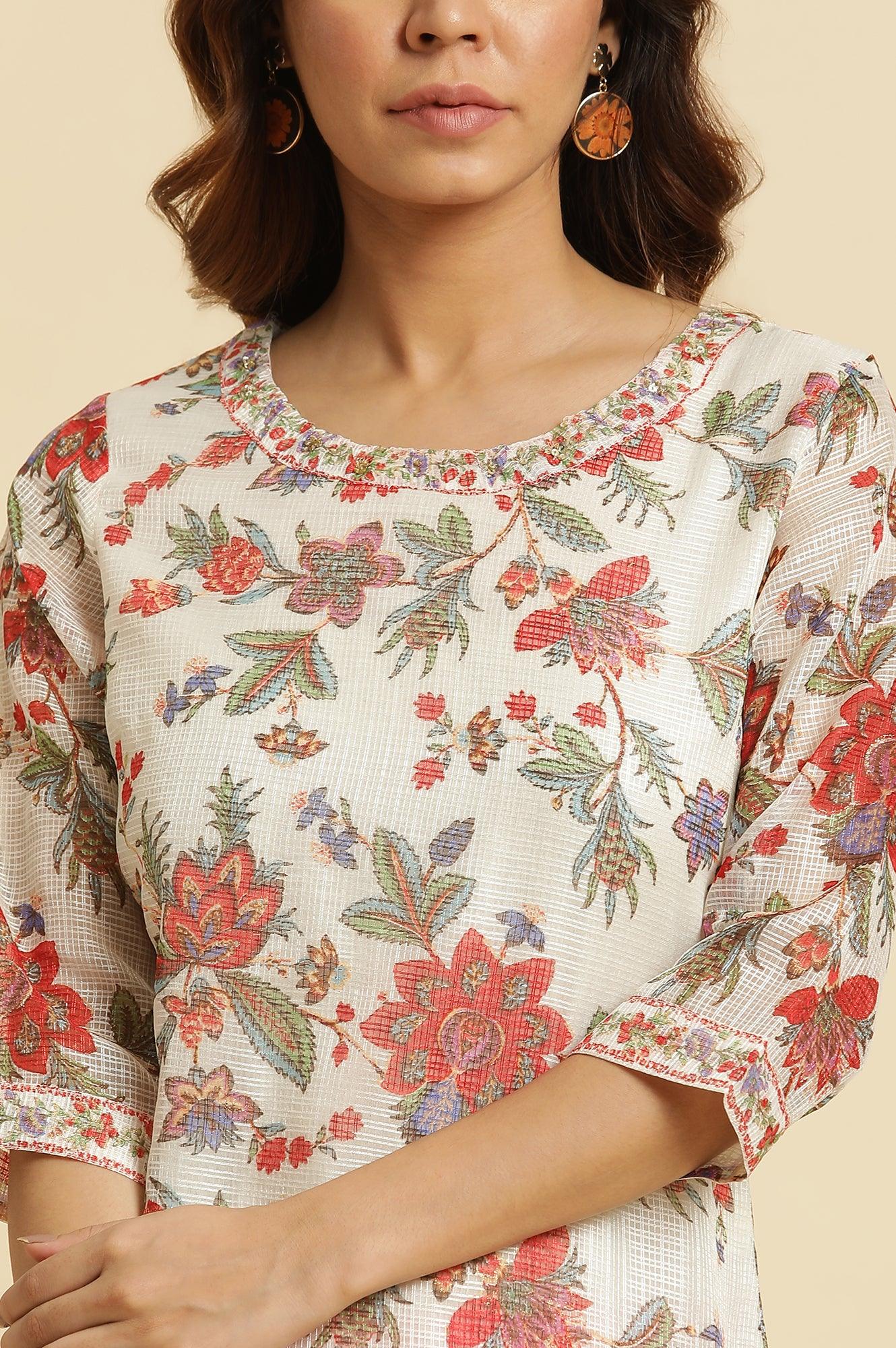 Ecru Kota Kurta With Multi-Coloured Floral Print - wforwoman