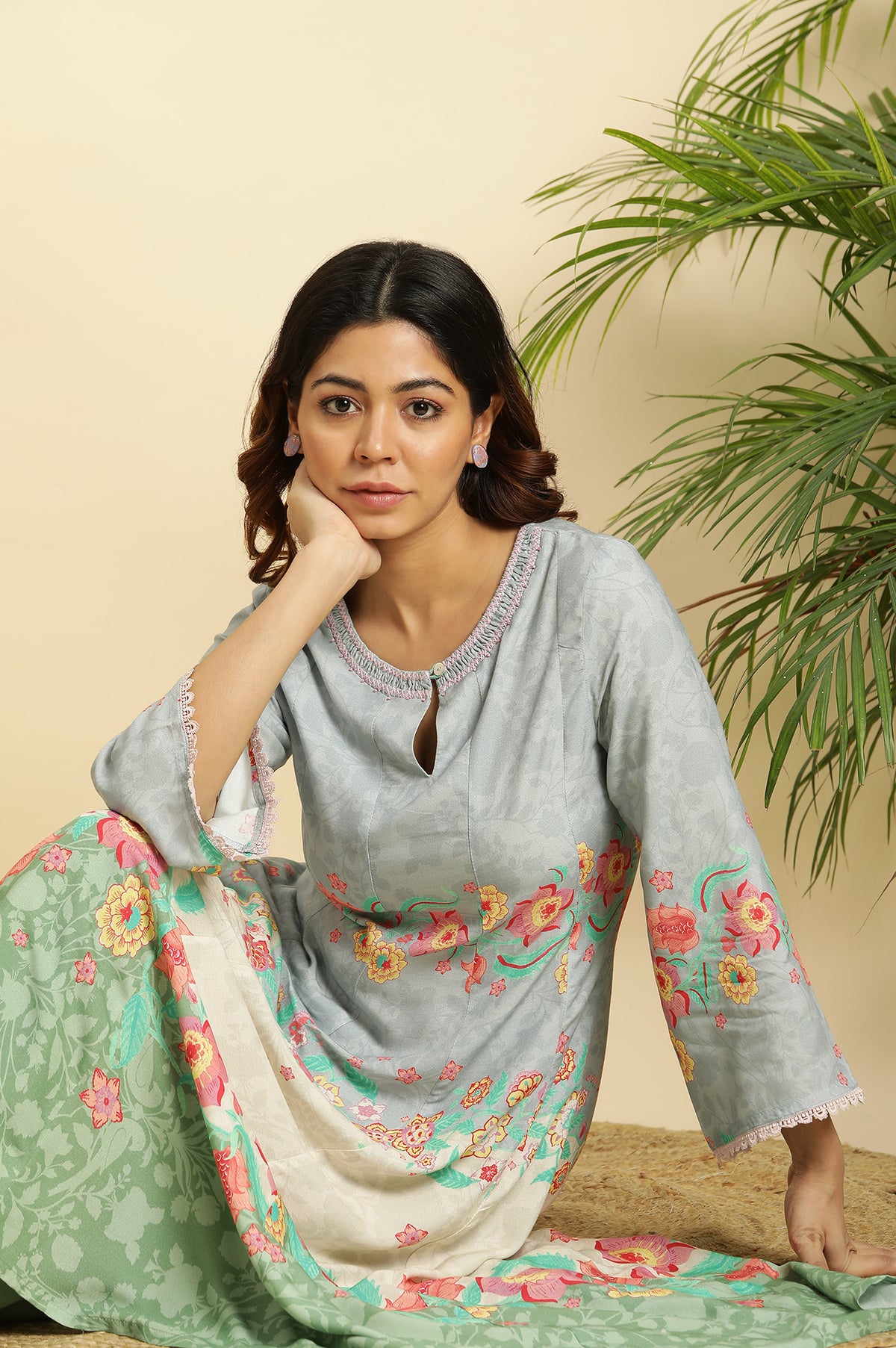 Blue Colour Blocked Printed Flared Kurta - XS