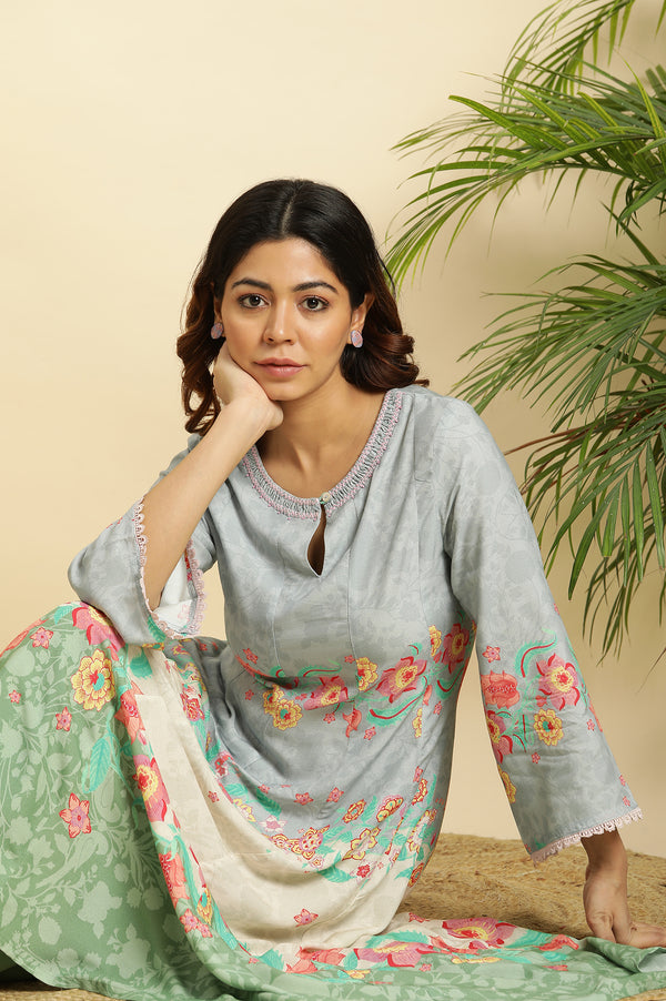 Blue Colour Blocked Printed Flared Kurta