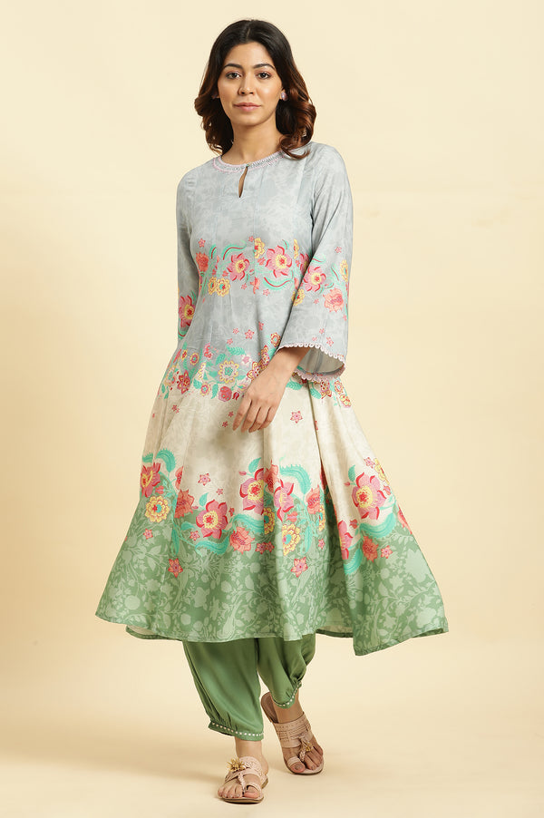 Blue Colour Blocked Printed Flared Kurta