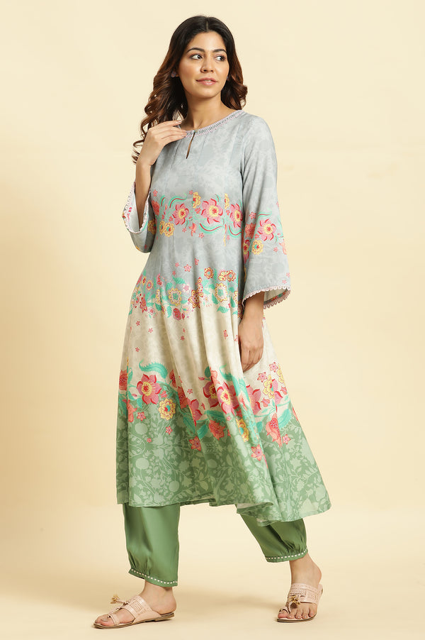 Blue Colour Blocked Printed Flared Kurta