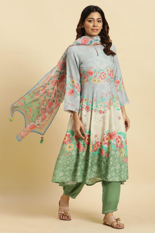 Blue Colour Blocked Printed Flared Kurta