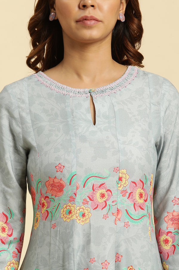 Blue Colour Blocked Printed Flared Kurta