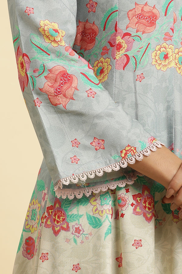 Blue Colour Blocked Printed Flared Kurta