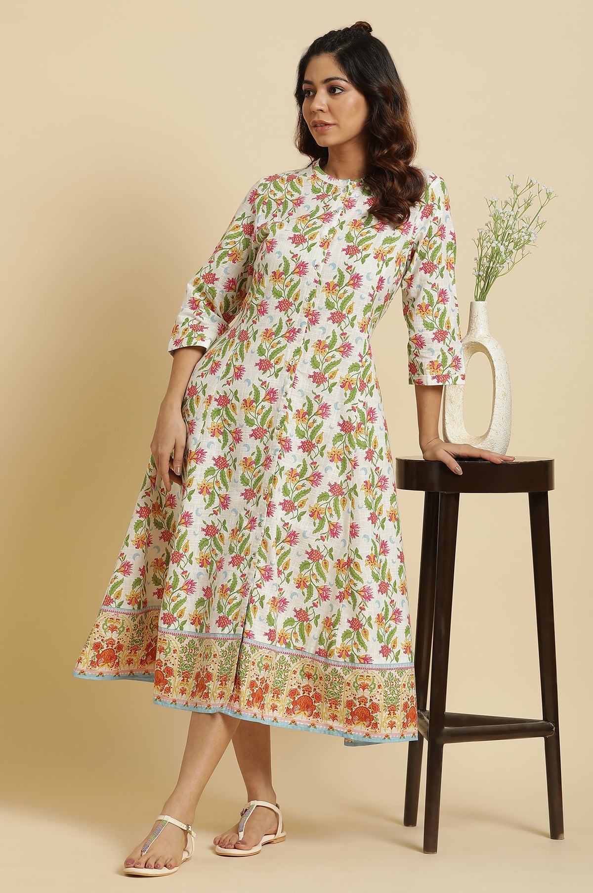 White Flared Dress In Multi-Coloured Floral Print - XS