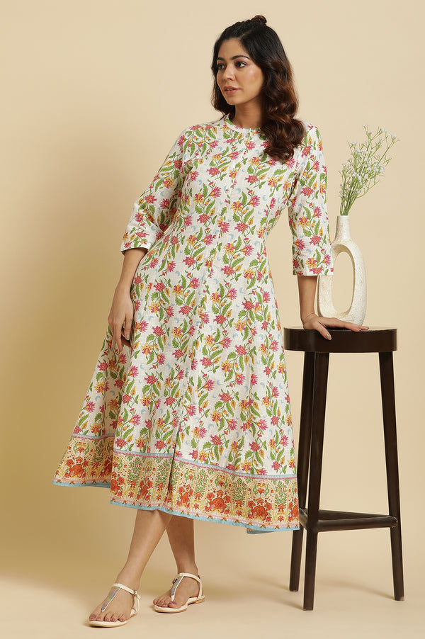 White Flared Dress In Multi-Coloured Floral Print