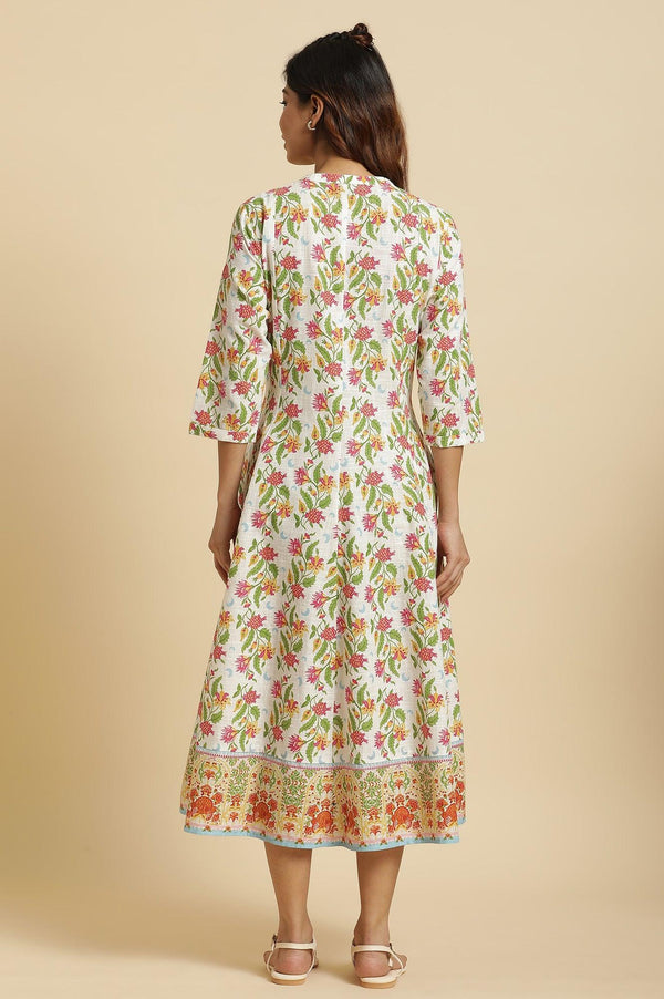 White Flared Dress In Multi-Coloured Floral Print