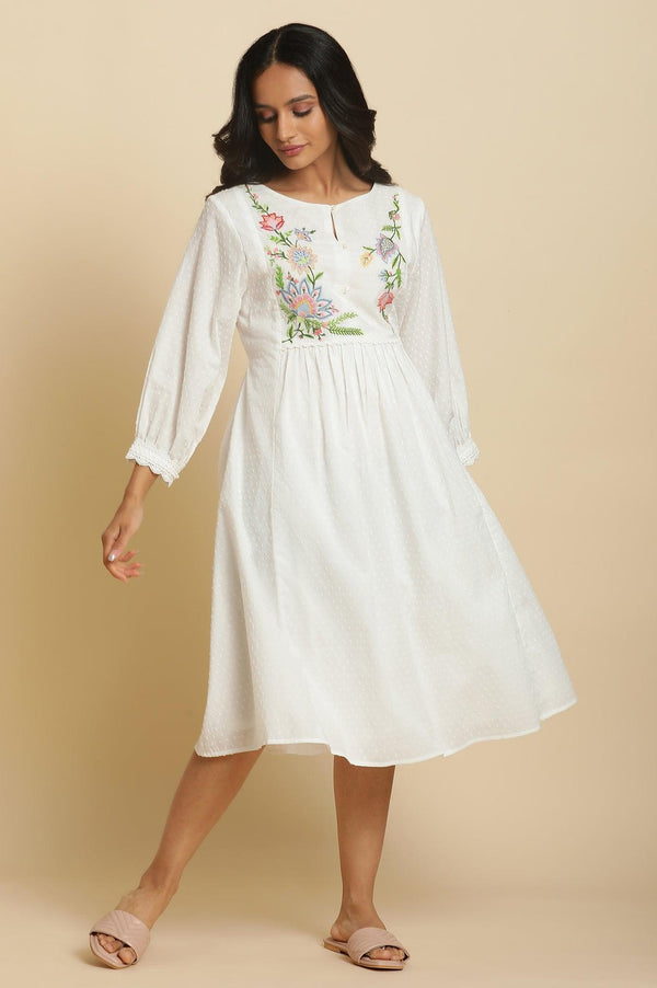 Ecru Gathered Dress In Multi-Coloured Embroidery