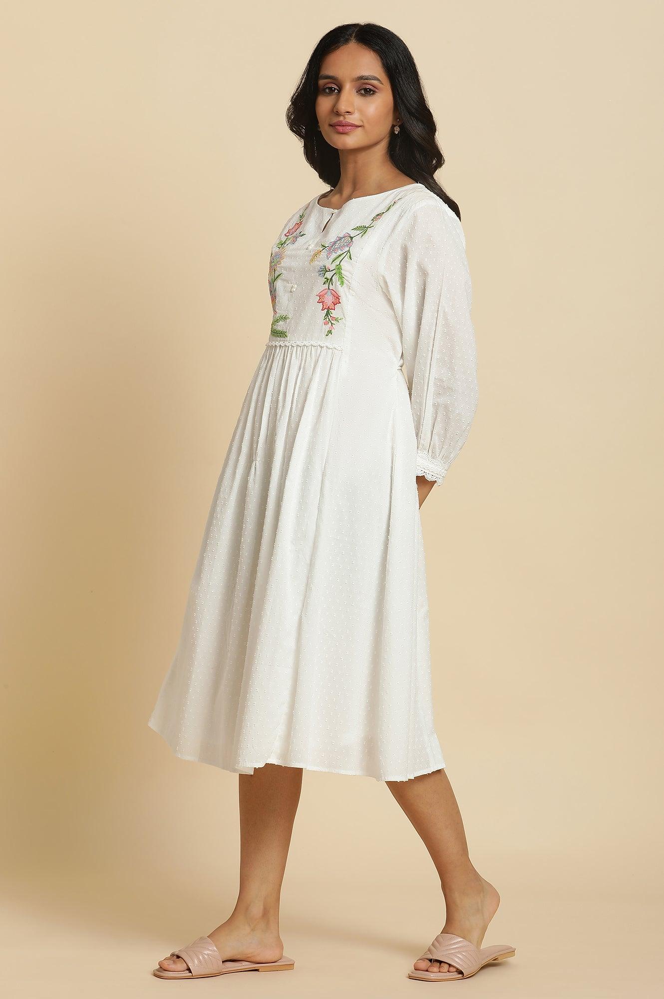 Ecru Gathered Dress In Multi-Coloured Embroidery - wforwoman