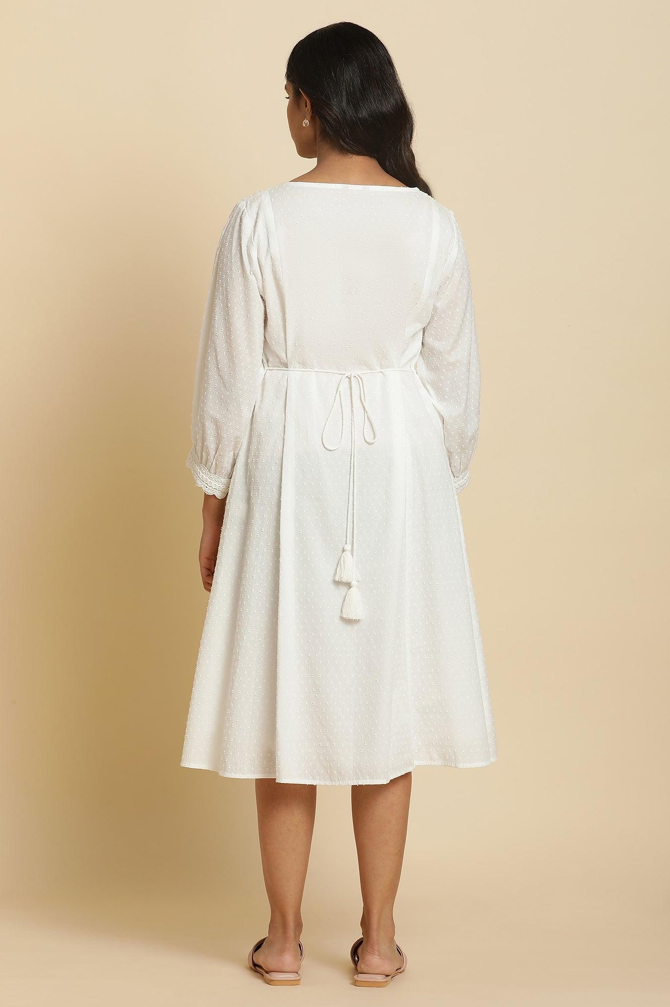 Ecru Gathered Dress In Multi-Coloured Embroidery - wforwoman