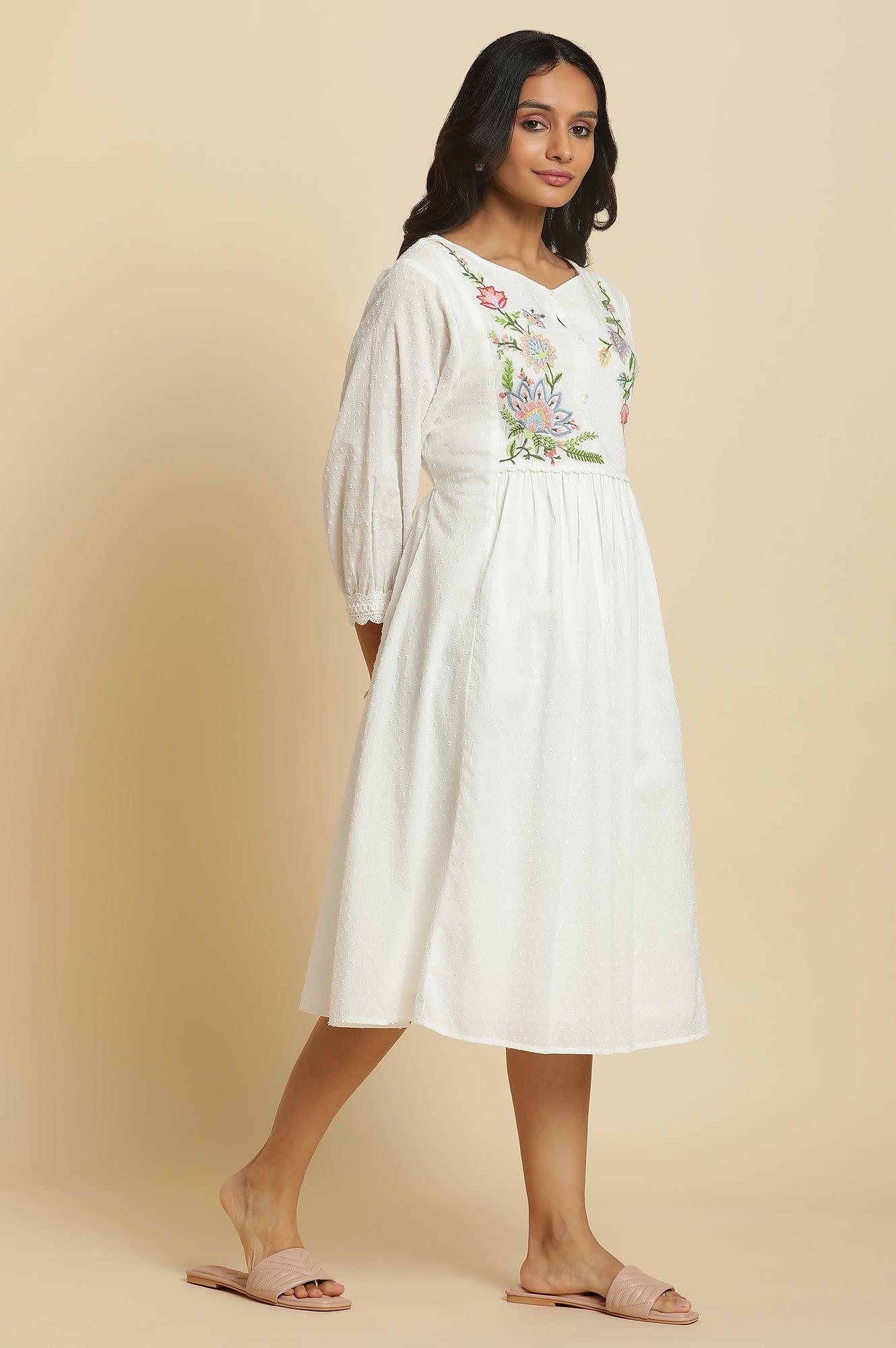 Ecru Gathered Dress In Multi-Coloured Embroidery - wforwoman