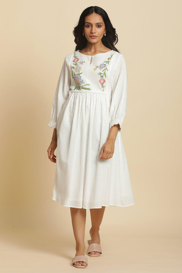 Ecru Gathered Dress In Multi-Coloured Embroidery