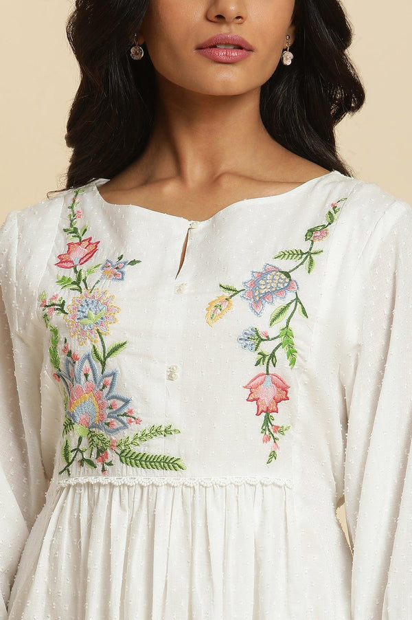 Ecru Gathered Dress In Multi-Coloured Embroidery