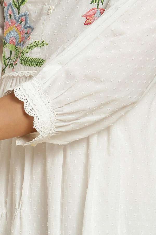 Ecru Gathered Dress In Multi-Coloured Embroidery