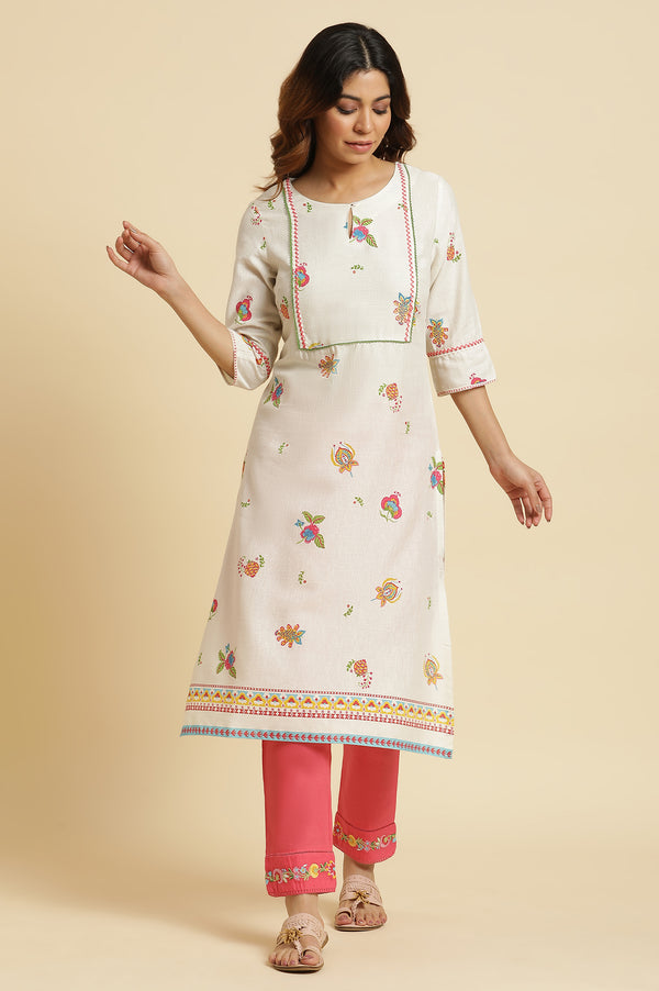 White Straight Kurta with Multi-coloured Floral Print