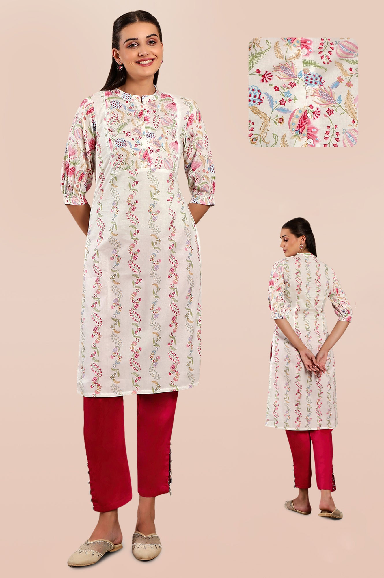 White Floral Printed Pure Cotton Straight Kurta with Sleeves