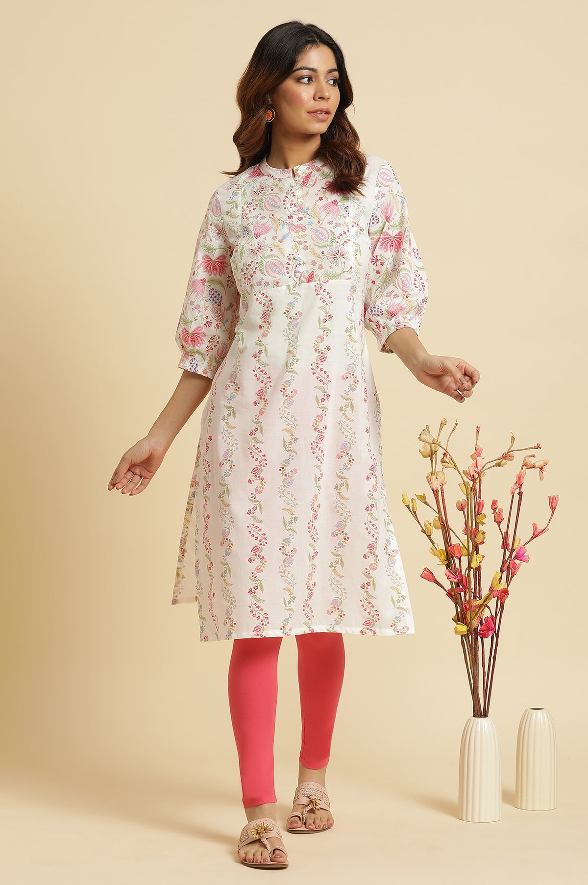 White Floral Lace Straight Cotton Kurta - XS