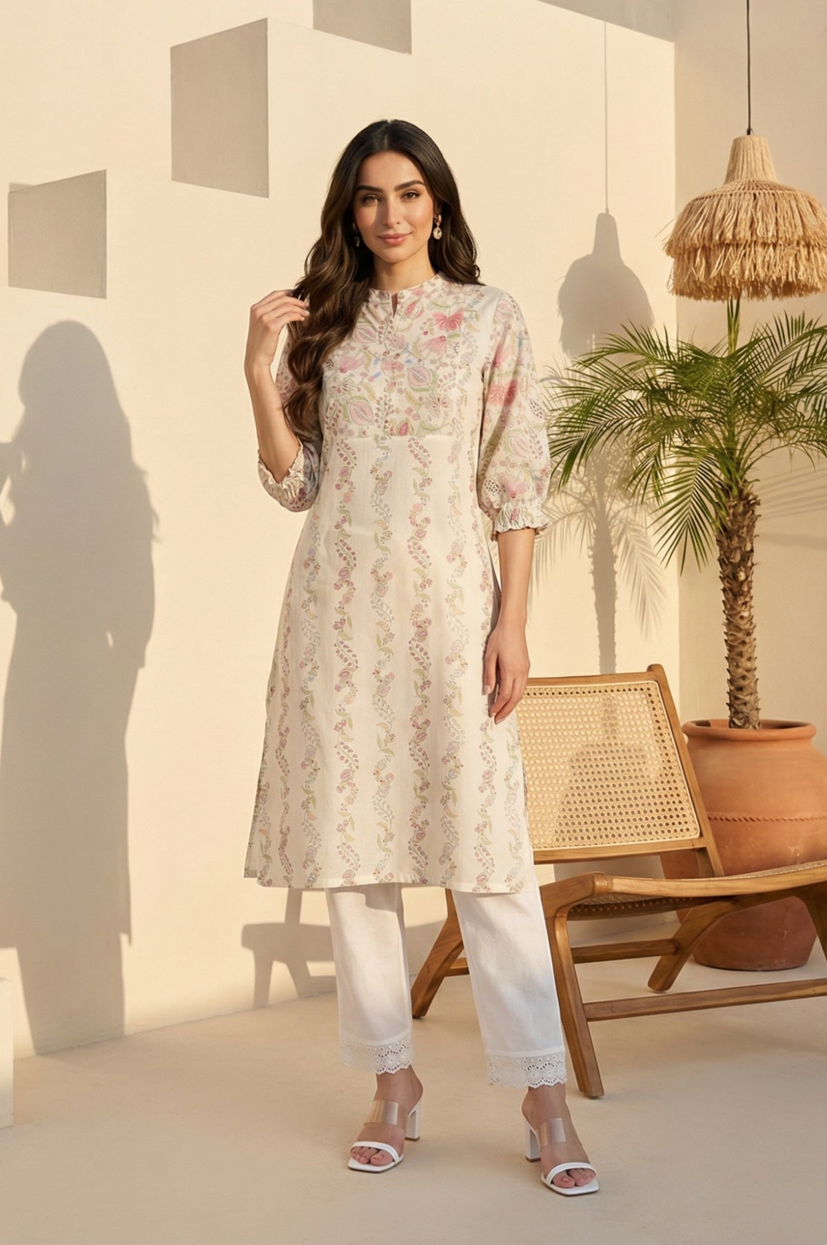 White Floral Printed Pure Cotton Straight Kurta with Sleeves