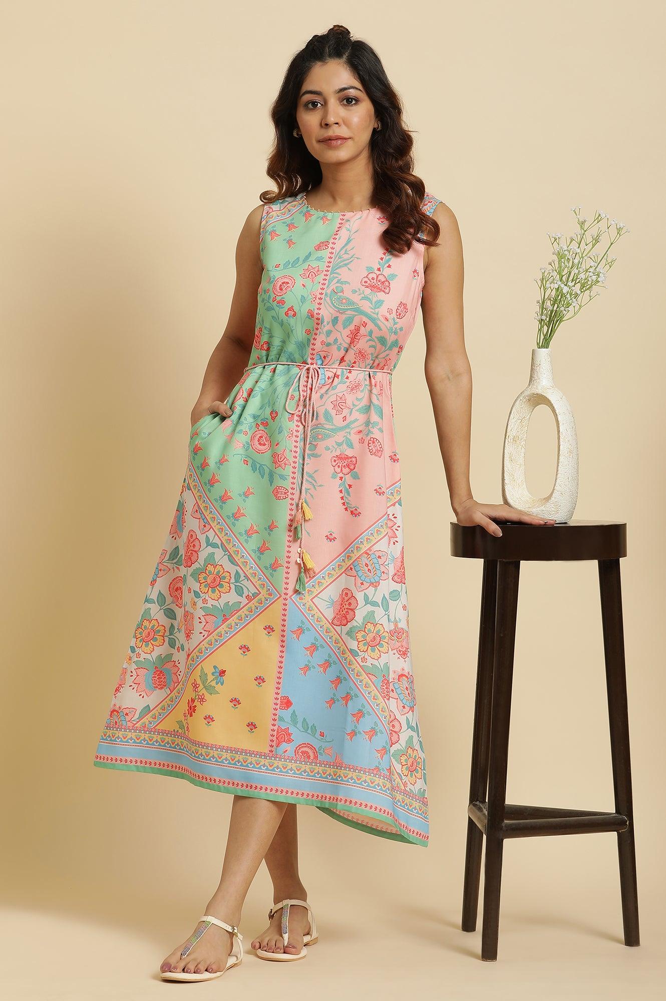 Multi-Coloured Floral Printed Sleeveless Dress - wforwoman