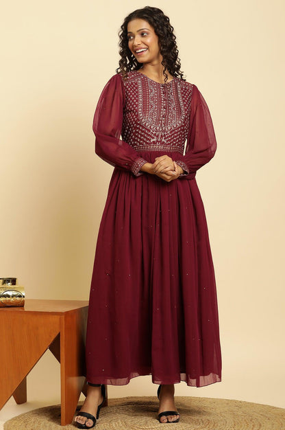 Wine Heavy Embroidered Festive Dress - wforwoman